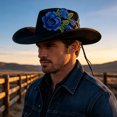 thumbnail image 2 of EOYWHK Men Western Rose Embroidered Cowboy Hat Wide Brim Felt Cowgirl Hat with Adjustable Chin Strap for Western Party Costume, Blue, 2 of 5