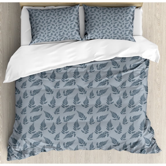 Fern Duvet Cover Set Queen Size, Spring Season Arrangement Foliage Illustration Countryside Nature, Decorative 3 Piece Bedding Set with 2 Pillow Shams, Bluegrey Dark Blue Grey, by Ambesonne