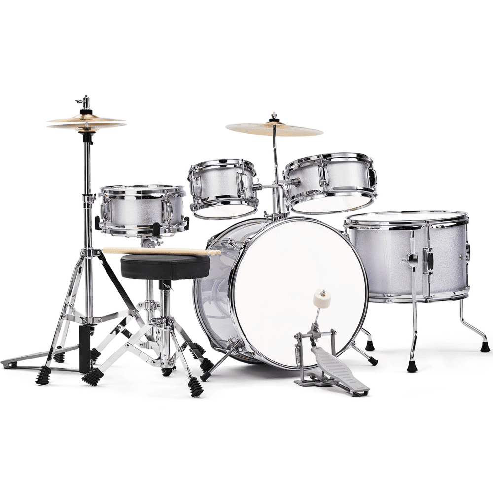 Tcbosik 5-Piece Beginner Drum Set Junior Kit with Bass Drum, Tom Drum, Floor Drum and Snare Drums, Starter Percussion with Stool, Pedal, Cymbal and Sticks, Silver
