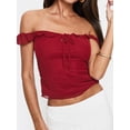 thumbnail image 4 of Mialoley Women's Summer Slim Fit Tops Short Sleeve Off Shoulder Solid Color Tie Up Mesh T-shirt, 4 of 9