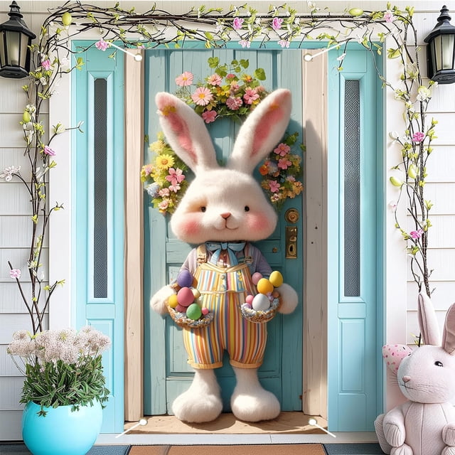 ddioayh 90×180cm Easter Door Cover Banner Nylon Spandex 25×20×2cm 130g Bunny Vertical Door Curtain For Outdoor Party Decor
