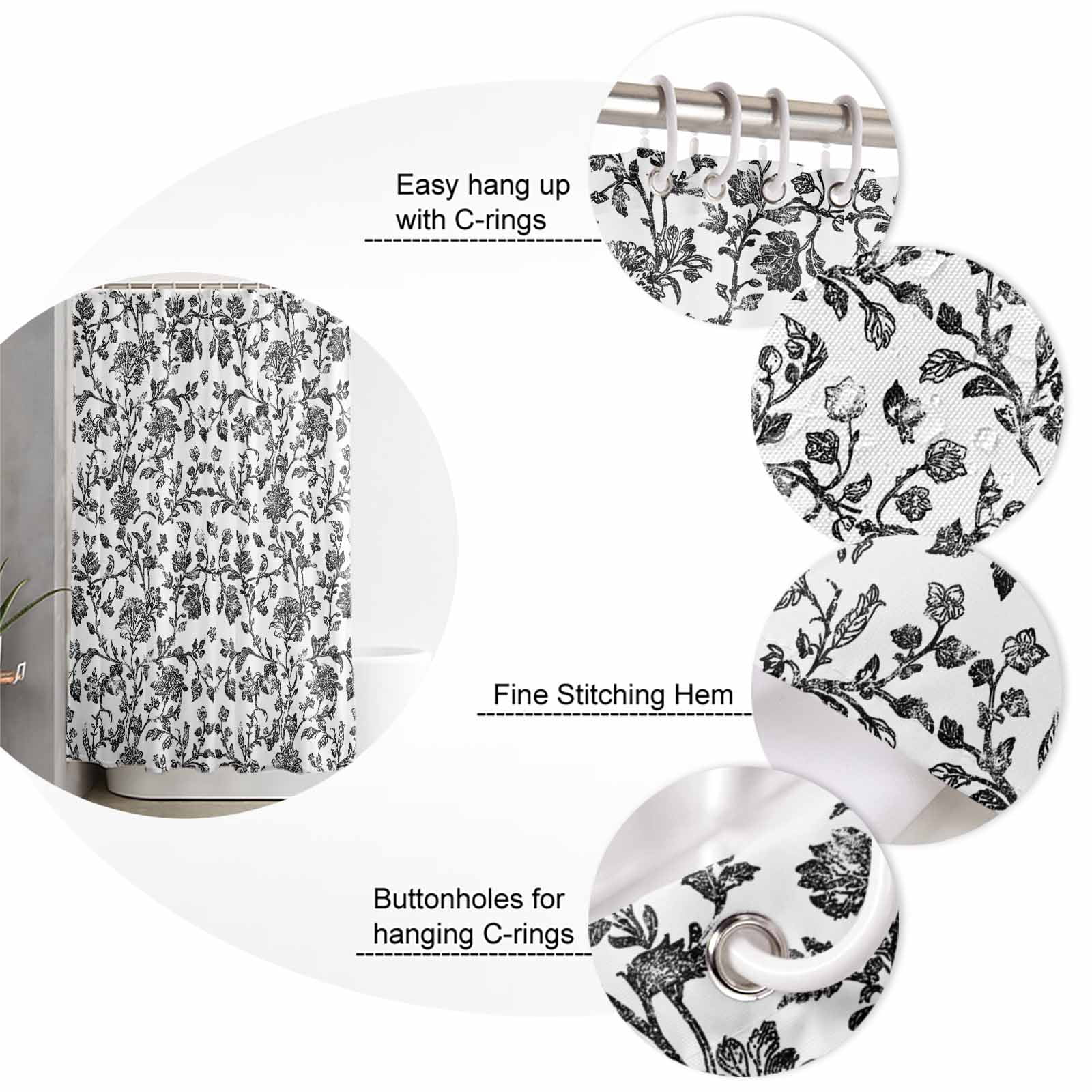 Extra Long Shower Curtain 72x96 Inch, Black Flower Shower Curtain Waterproof Bathroom Decor Vintage Farmhouse Boho Leaf Spring Plant Fabric Bath Curtain Set Accessories with Hooks