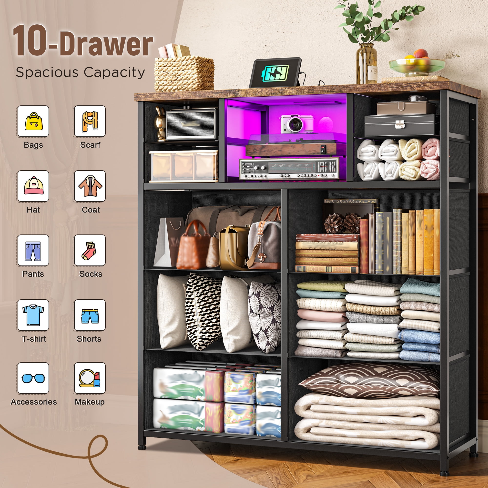 Romorgniz Tall Dresser for Bedroom with 10 Drawers Featuring LED Lights & Power Outlet Fabric Dressers & Chest of Drawers with Open Shelves, Rustic Brown