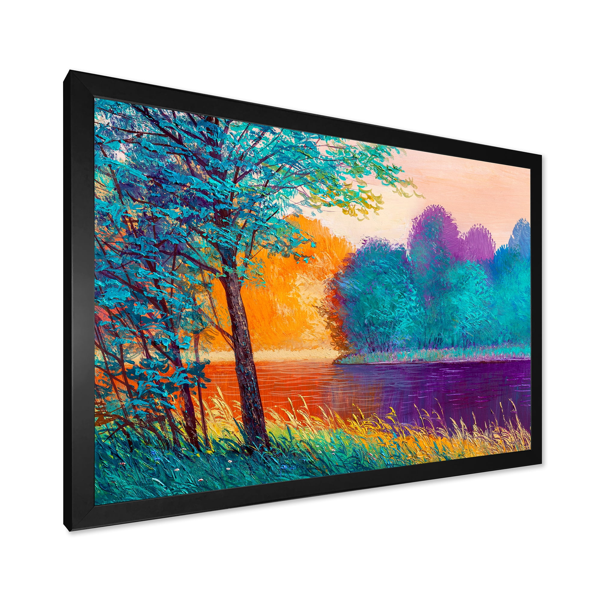 Colorful Trees During Twilight Along River 32 in x 24 in Framed Painting Canvas Art Print, by Designart