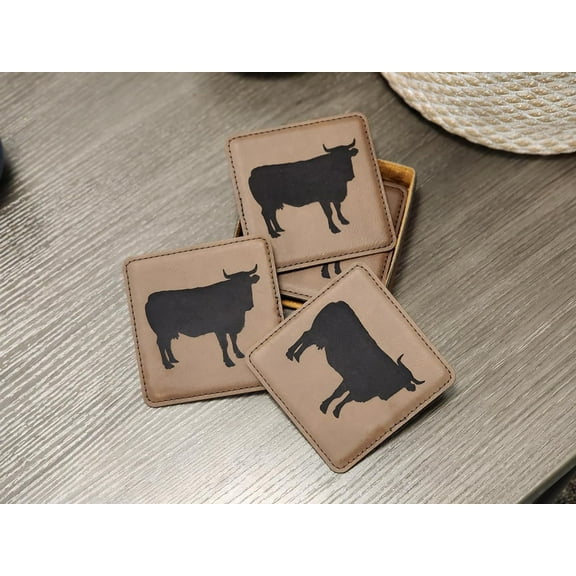 Western Style Leather Coasters, Rustic Cow Coasters, Handcrafted Farmhouse Decor, Vintage Drink Coasters (Light Brown/Black)
