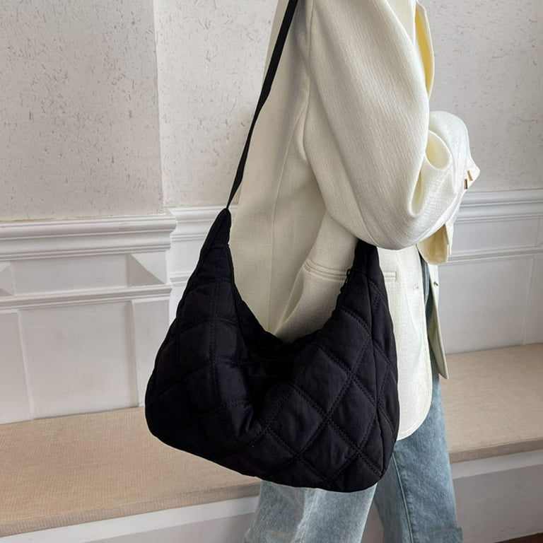 Loygkgas Unisex Adult Cotton Padded Quilted Tote Bag Zipper Large Shoulder  Bag (Black)