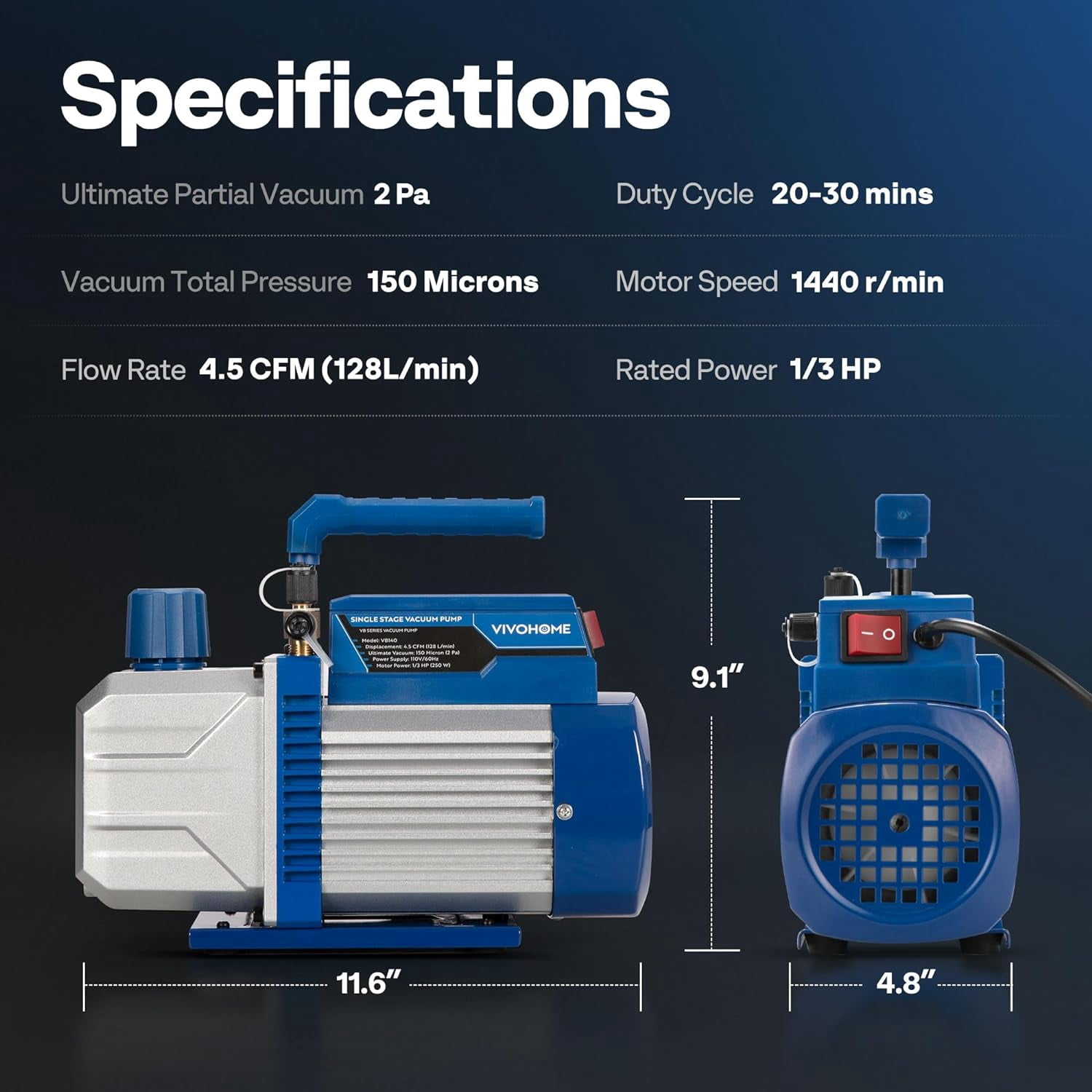 SPECSTAR 110V 1/3 HP 4.5CFM Single Stage A/C Vacuum Pump and AC Manifold Gauge Kit, Sparkless Motor for R32 R1234yf R134a R22 R410a Systems, HVAC Air Conditioning Refrigeration Recharging