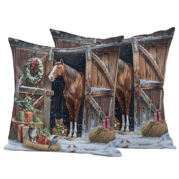 Christmas Outdoor Pillow Covers 18"x18" Set of 2,Waterproof Throw Pillow Covers for Patio Furniture,Farmhouse Christmas Wreath Horse Winter Decorative Cushion Pillowcases for Garden Porch Couch Sofa