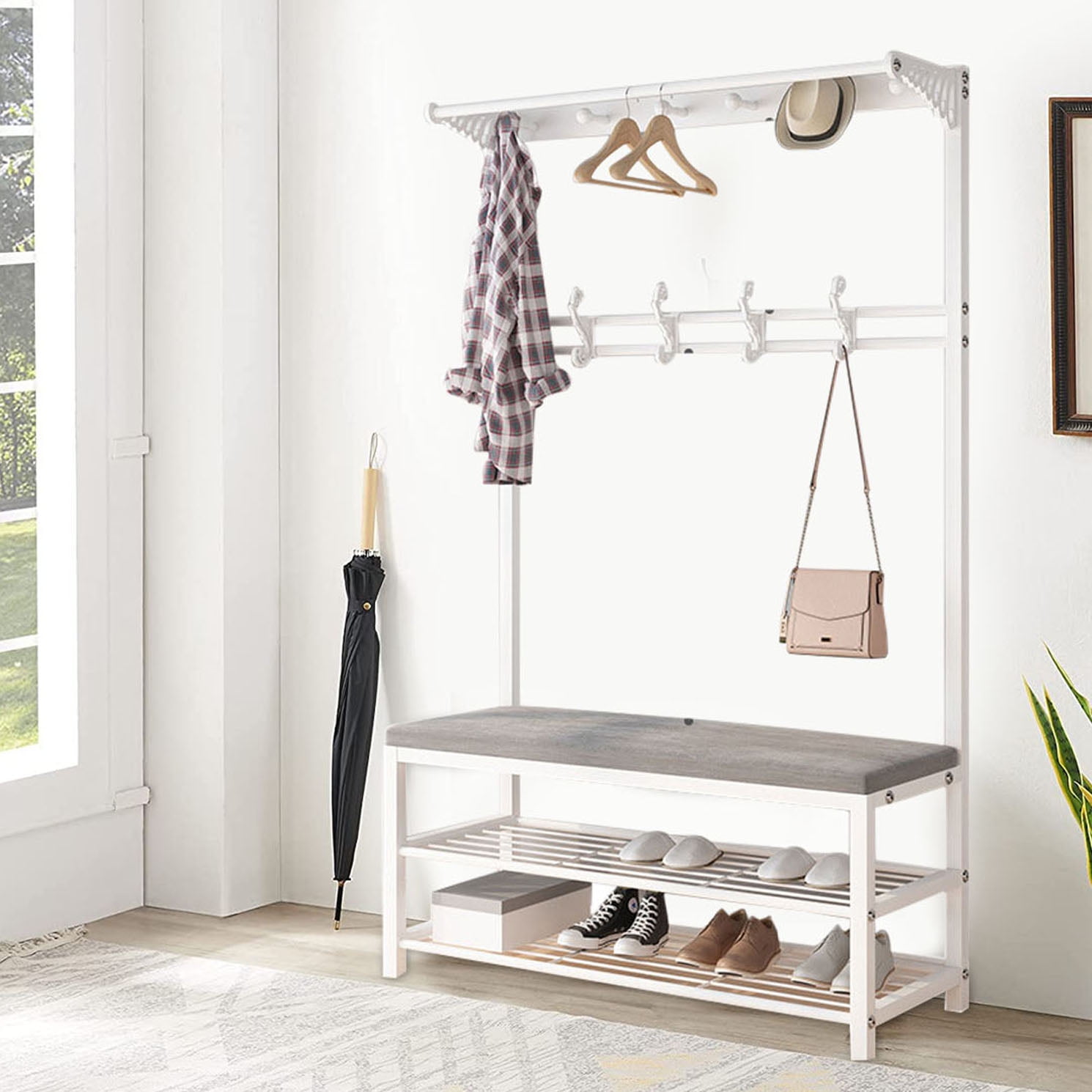 3-in-1 Coat Rack with Bench, Entryway Bench with Shoe Shelf, Shoe ...