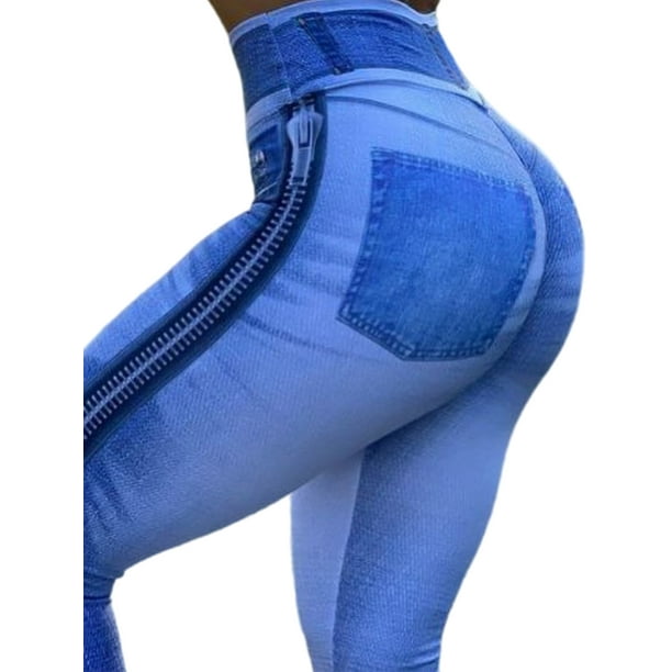 Fashnice Women Fake Jeans High Waist Denim Print Leggings Butt Lifting Look  Jeggings Stretch Sport Bottoms Light Blue XS 
