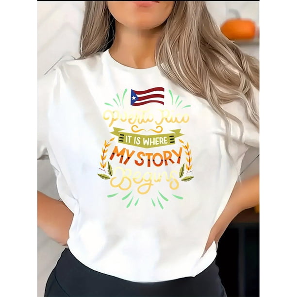 1pc Puerto Rico Flag Print Crew Neck T-Shirt, Casual Cotton Knit Fabric, Medium Stretch, all-Season Comfort, Fashionable Short Sleeve Tee for Women