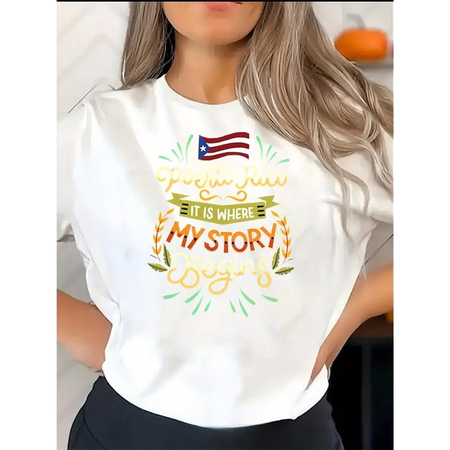 1pc Puerto Rico Flag Print Crew Neck T-Shirt, Casual Polyester Knit Fabric, Medium Stretch, All-Season Comfort, Fashionable Short Sleeve Tee for Women