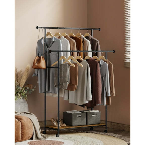 Double-Rod Clothes Rack with Wheels & Shelf, 38.8" Heavy-Duty Garment Rack for Hanging Clothes, Holds up to 220 lbs