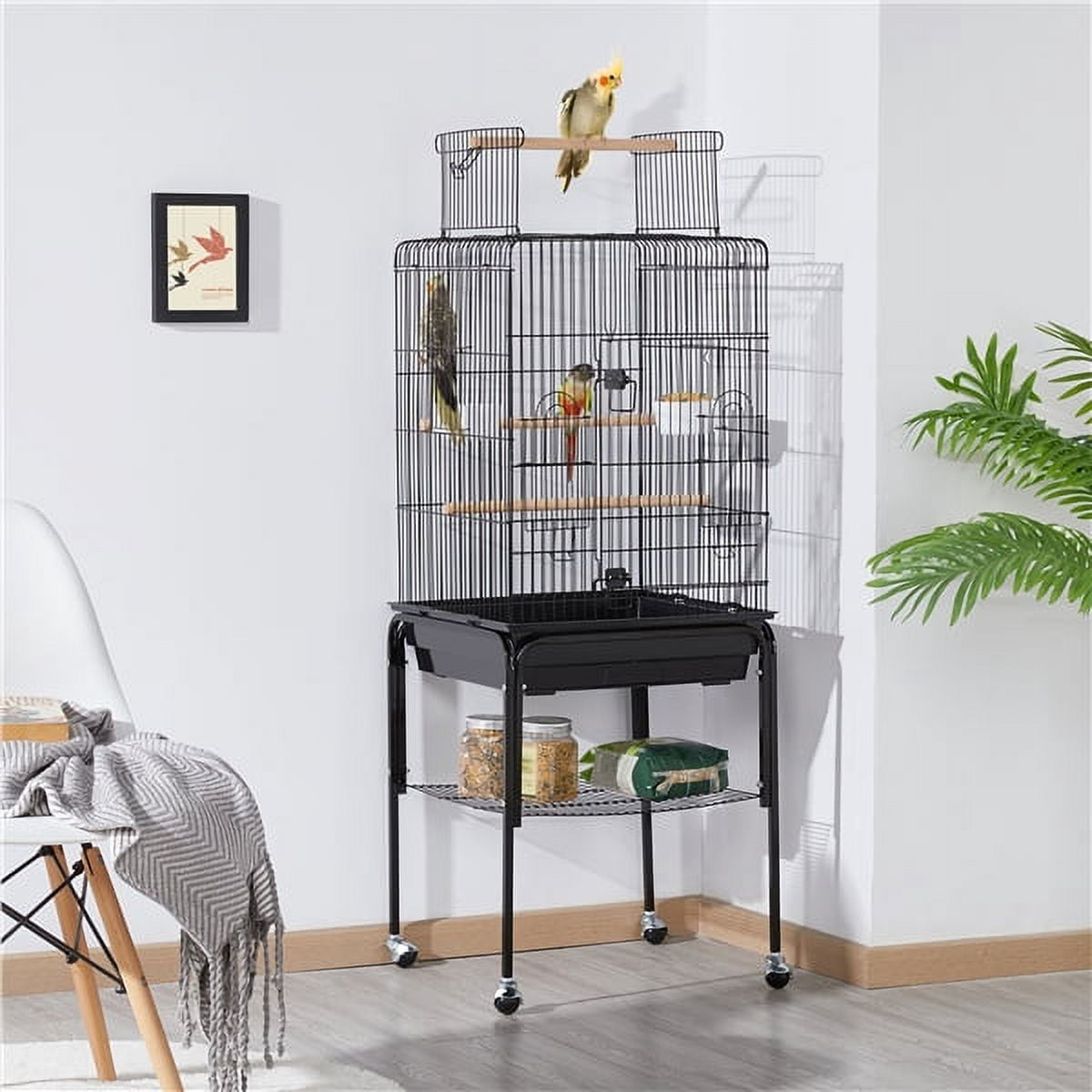 Alden Design 53.5" Metal Rolling Bird Cage with Play Top Stand, Dark Gray