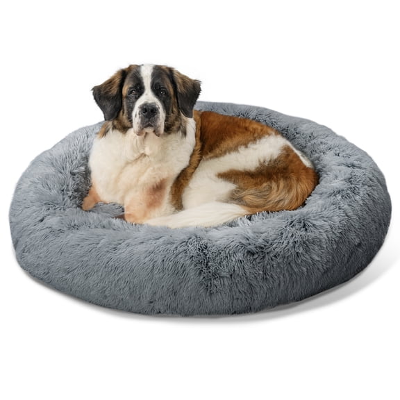 Best Friends by Sheri Original Calming Donut Dog and Cat Bed, Shag Faux Fur, Gray, XL (45in x 45in) - Anxiety Relief for Pets Up to 150 lbs