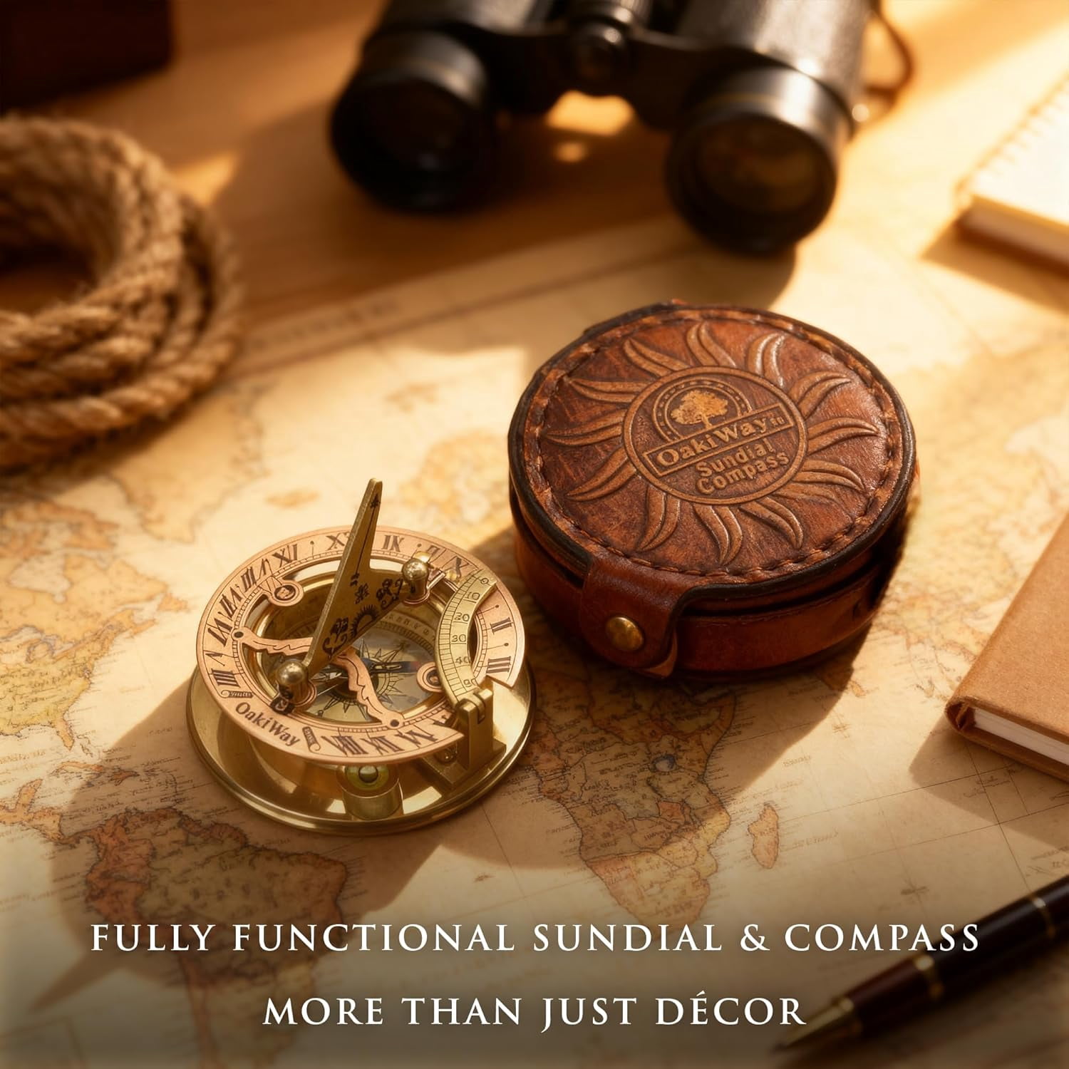 OakiWay Brass Sundial Compass in Leather Case - Nautical Gifts for Men, Antique Sailing Anniversary Gadget for Him, Pocket Watch Clock (2.7" Inch)