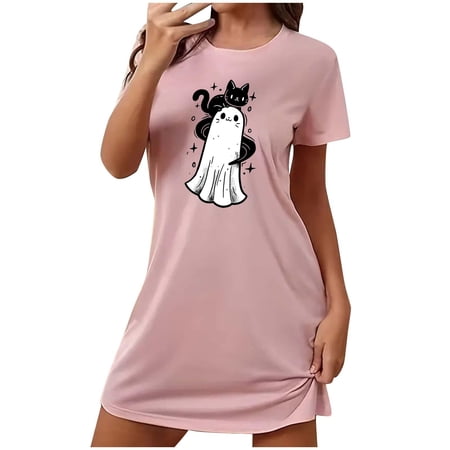 Hvot&aat Halloween Dresses for Women Ghost Graphic Short Sleeve Crewneck Nightdress Festival Casual Pajamas