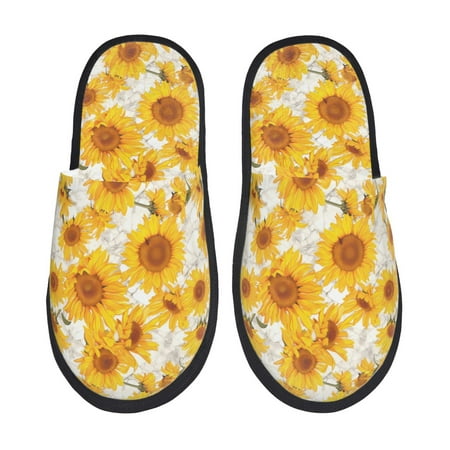 Balery White Marble Pattern Sunflower Slient Indoor Furry Fleece Comfort House Shoes Soft Non-Slip Home Shoes Cotton slippers House Slippers-- Medium