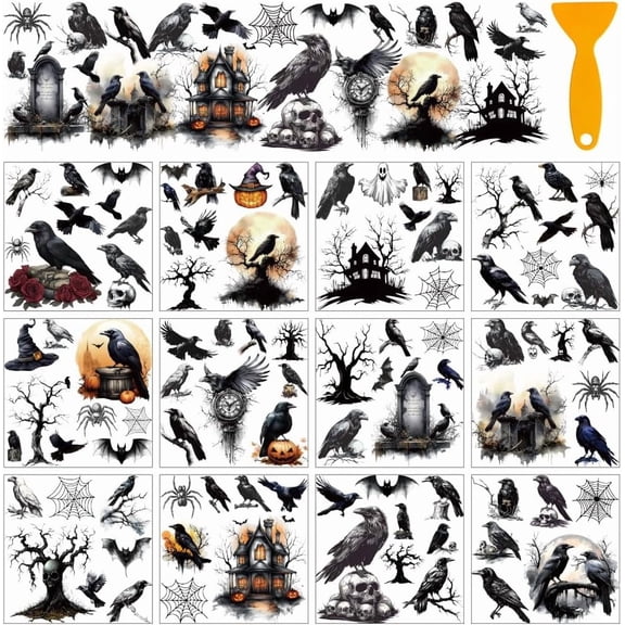 12 Sheets Rub On Transfer Stickers with Scraper Raven Bats Rub on Transfer Stickers Furniture Decals for DIY