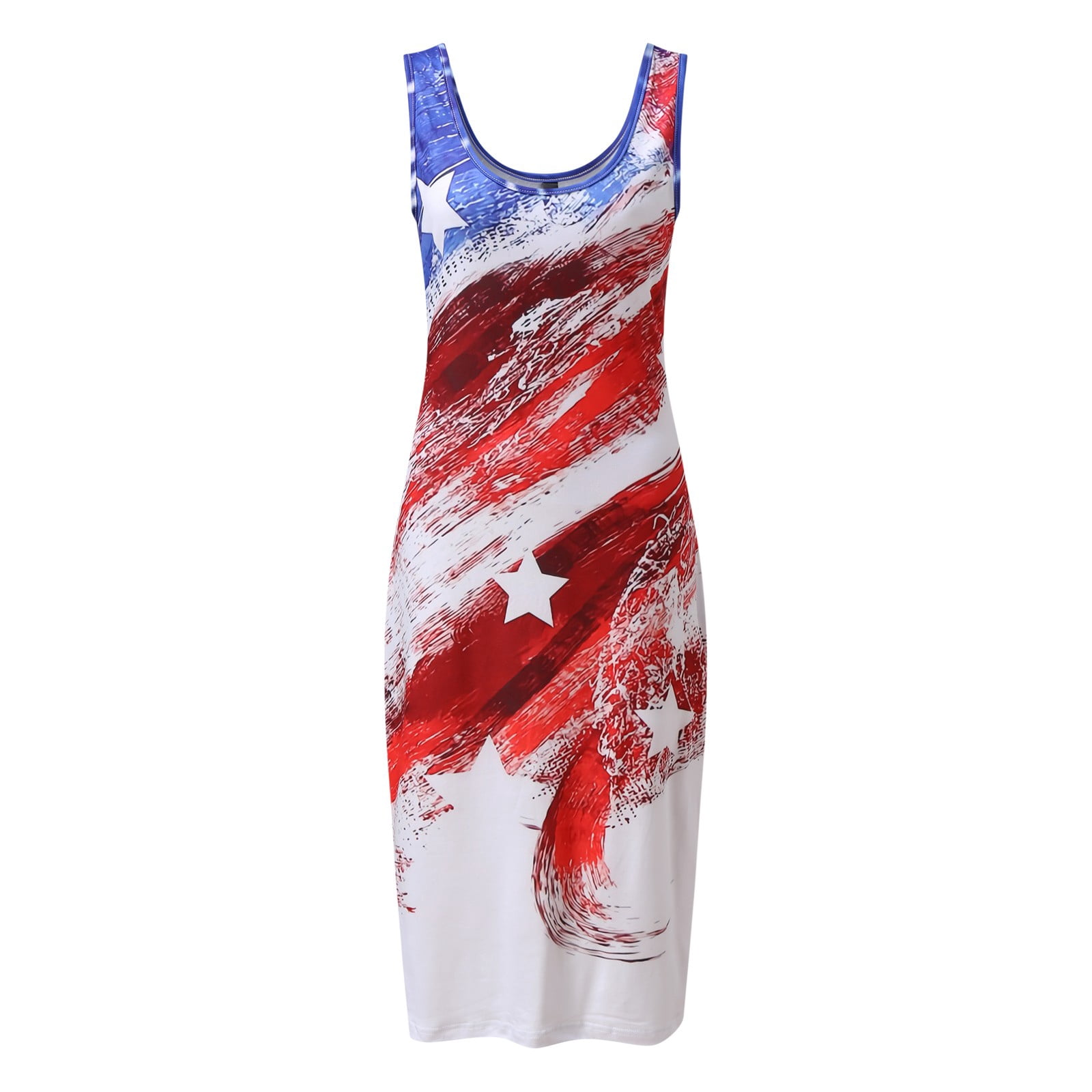 4th of July Patriotic Dress Patchwork Bodycon Summer Sleeveless Slim Flowy Sundress White L