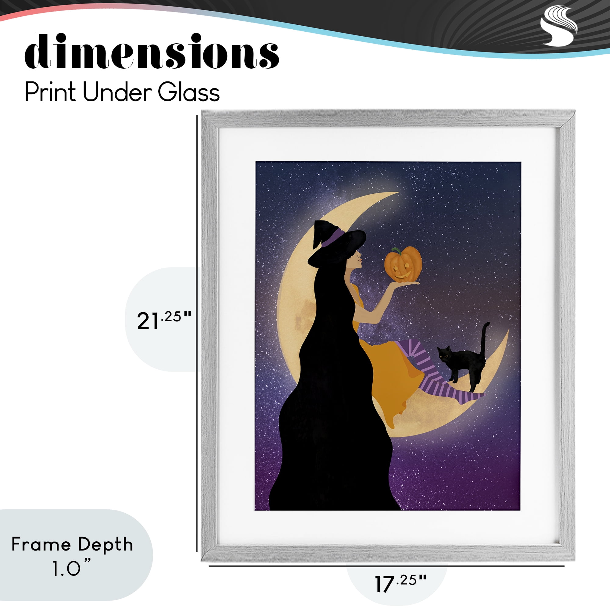Stupell Industries Moonlit Witch Holding Jack-o-Lantern Gray Framed Print Under Glass, design by Daniela Santiago