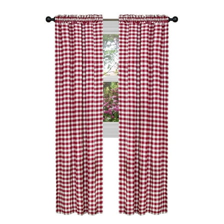 2 Pack: Country Chic Plaid Gingham Check Rod Pocket Window Curtain - Burgundy, 63 in. Long