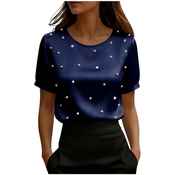 Craaazy Elegant Women's Regular Fit Solid Color Satin Crew Neck Short Sleeve Blouse with Pearl & Rhinestone Detail Lightweight Professional Office Wear Top Gifts