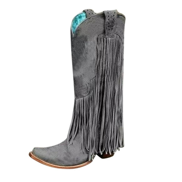 PEASKJP Boots for Women Mid Calf Chunky Heels Patent Leather Boots,Gray 37