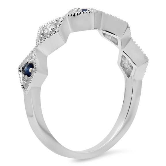 Dazzlingrock Collection 14K Blue Sapphire & White Diamond Ladies Vintage Millgrain Stackable Wedding Band, White Gold, Size 7.5