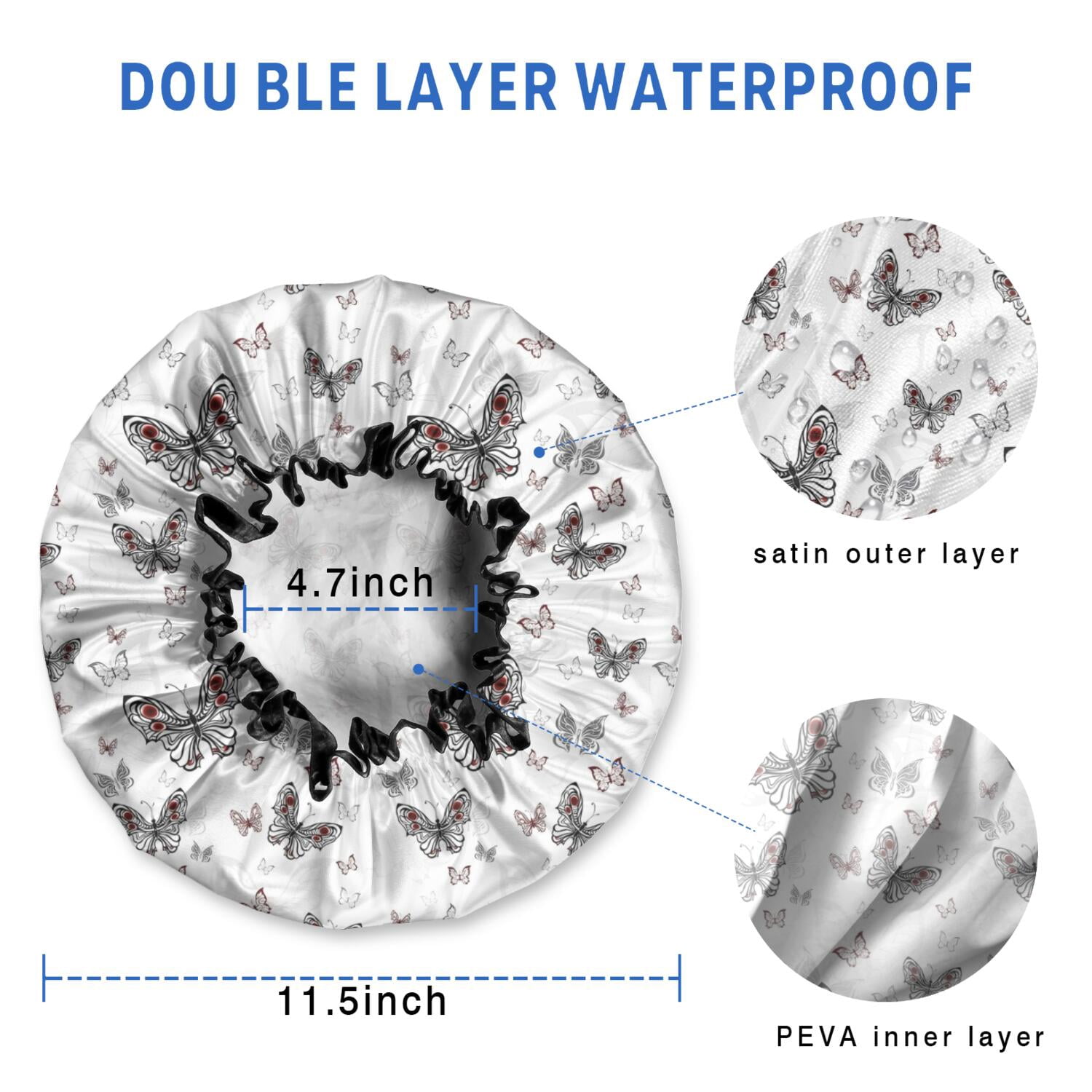 Shower Caps,Black White Butterfly Pattern Waterproof Shower Cap for Women 4 Pieces,Double Reusable Hair Cover for Shower PEVA Elastic Stretch Hem