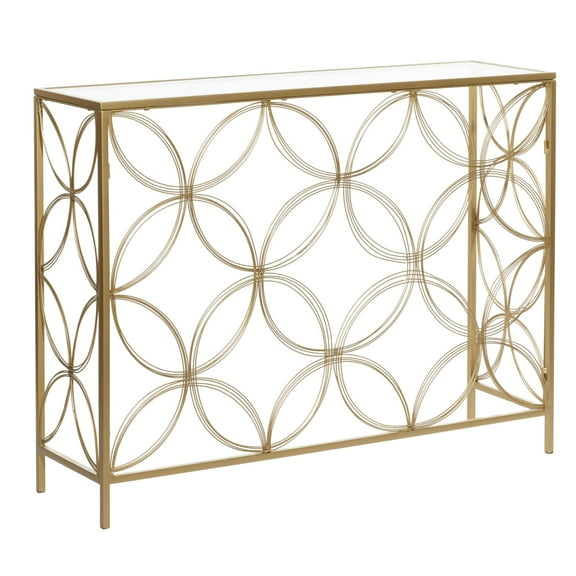 DecMode 42" x 32" Gold Metal Open Style Quatrefoil Frame Geometric Console Table with Glass Top, 1-Piece