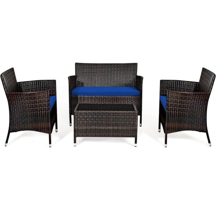Aimee Lii 4 Pieces Patio Cushioned Wicker Conversation Set, Outdoor Sectional Set with with Glass Coffee Table, Navy Aimee Lii 4 Pieces Patio Cushioned Wicker Conversation Set, Outdoor Sectional Set with with Glass Coffee Table, Navy