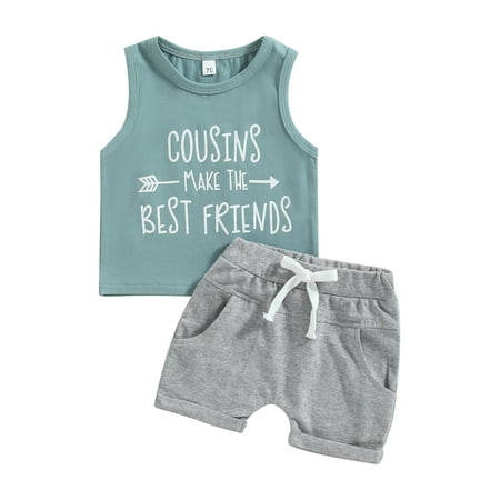 

2Pcs Baby Boy Summer Outfits Sleeveless Letter Tank Tops + Rolled Cuff Shorts Set