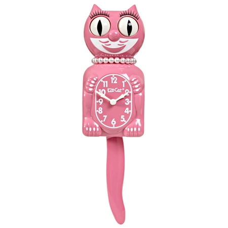 Kit-Cat Klock Limited Edition Pink Satin Lady with Pearl Necklace - Cat Clock with Moving Eyes & Tail, Battery Operated Wall Clock, Made in USA