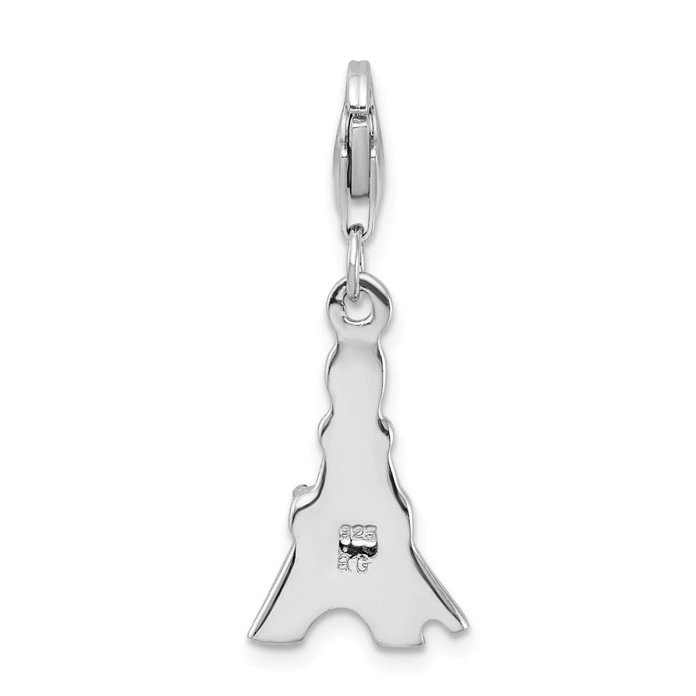 FB Jewels Solid 925 Sterling Silver Black Enameled Cubic Zirconia CZ Eiffel Tower Lobster Clasp Charm