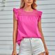 thumbnail image 2 of Camiseta con volantes de manga corta, cuello redondo, empalme de encaje, color puro, elegante y cómoda, para mujer, para el hogar y al aire libre, color rojo rosa M, 2 of 8