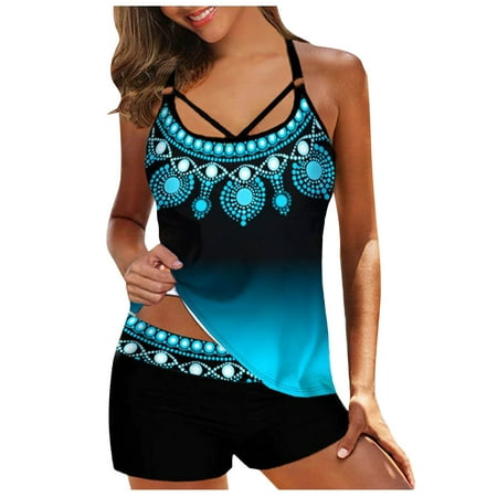 SELONE Bathing Suits for Women 2 Piece in Thong Summer Plus Size Swimsuit Bathing Suit Rhinestones Print Swimwear Dress Tankini Tops+ Bottom Bikini Set Blue 2XL