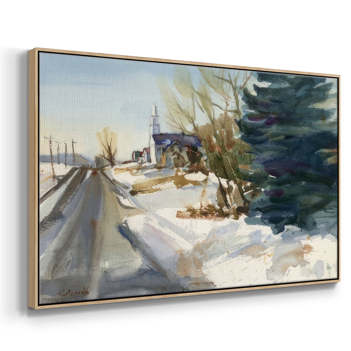 Congregational Church in Winter - Framed Gallery Wrapped Holiday Canvas - 25 x 37 - Natural Wood Frame