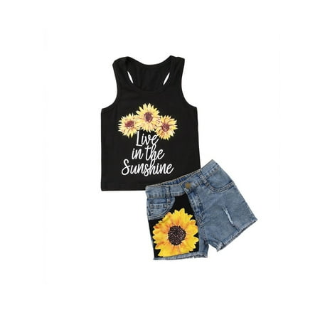 

Toddler Kids Baby Girls Sleeveless T-Shirt Top+Floral Denim Shorts 2Pcs Set Outfits