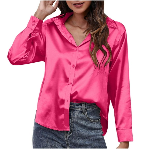 IROINNID Shirts for Women Long Sleeve Solid Satin Silk Soft Fall Shirt Button Fall Spring Blouse,Hot Pink