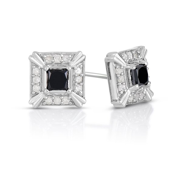 Natalia Drake 1 Cttw Black and White Diamond Halo Princess Shape Stud Earrings for Women in Rhodium Plated Sterling Silver