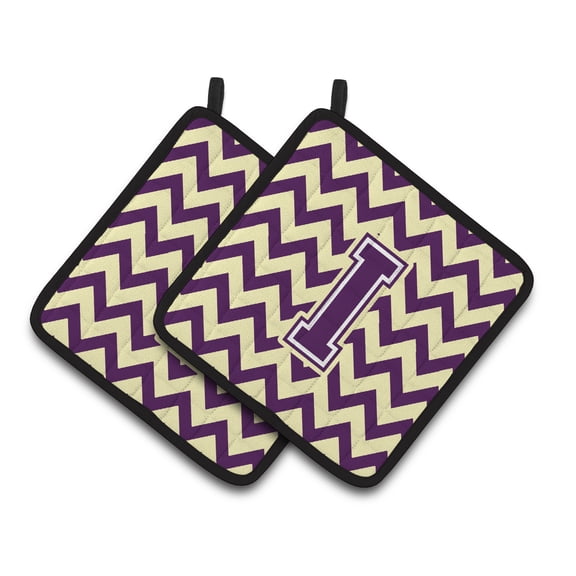 Letter I Chevron Purple and Gold Pair of Pot Holders