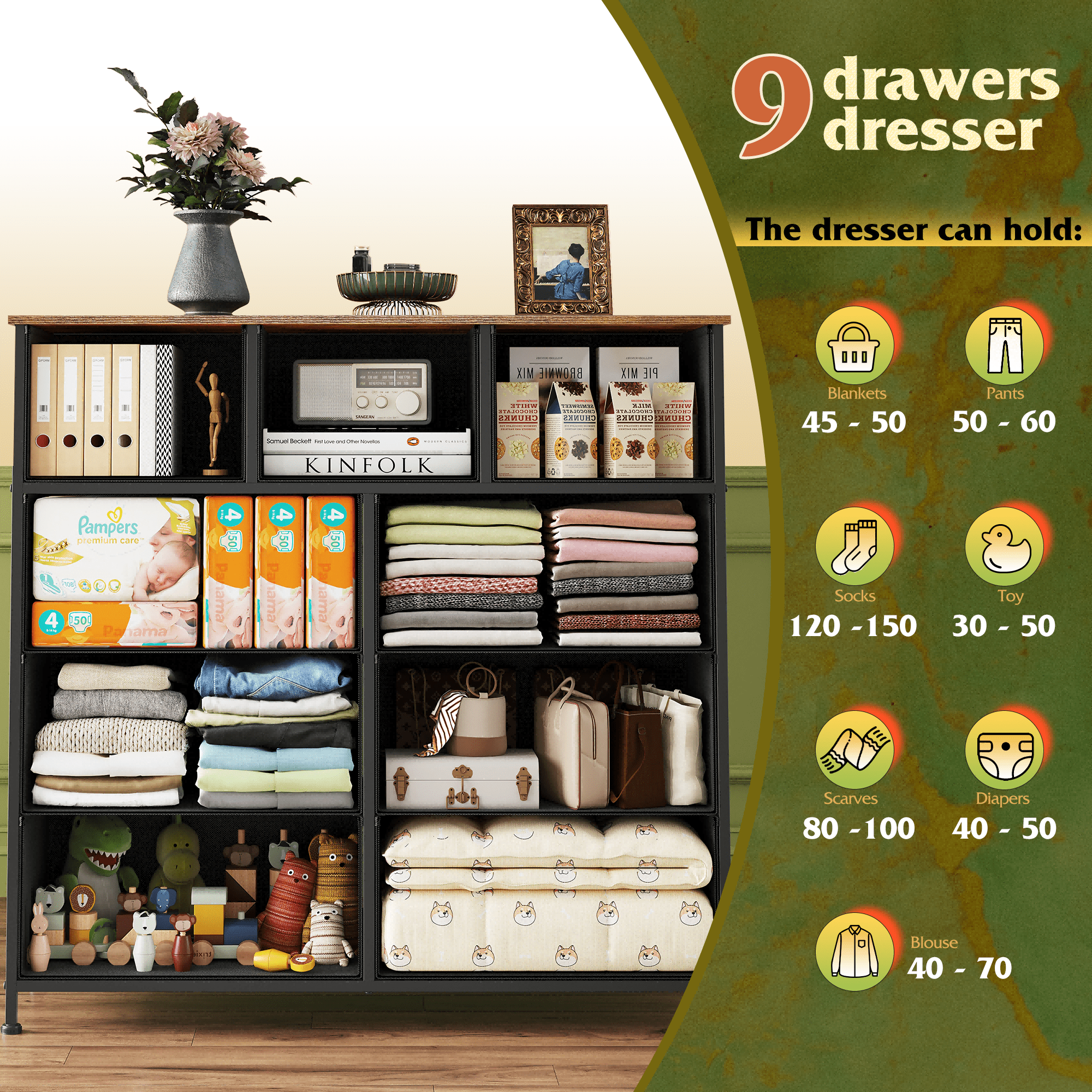 GALAXHERO 9-Drawer Fabric Dresser, Tall Storage Tower for Bedroom, Hallway, Entryway, Closet, Chest Organizer Unit with Fabric Bins, Steel Frame, Wood Top, Rustic Brown Wood Grain Print