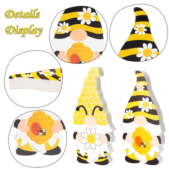 Laffact Bee Sunflower Gnome Wooden Ornaments for Home Decor Party Favors,3pack