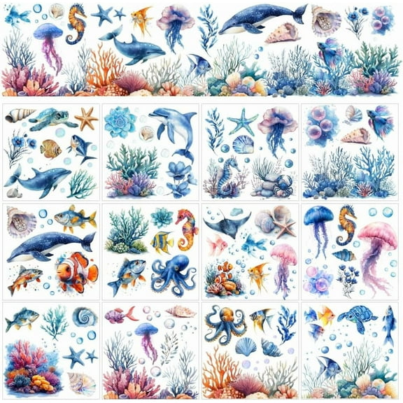 12 Sheets Sea Animal Theme Rub on Transfers for Crafts Dolphins Octopus Jellyfish Rub on Transfer Stickers PVC Rub on Decal for DIY Home Furniture Window Wood 5.5x5.5inches(140x140mm)