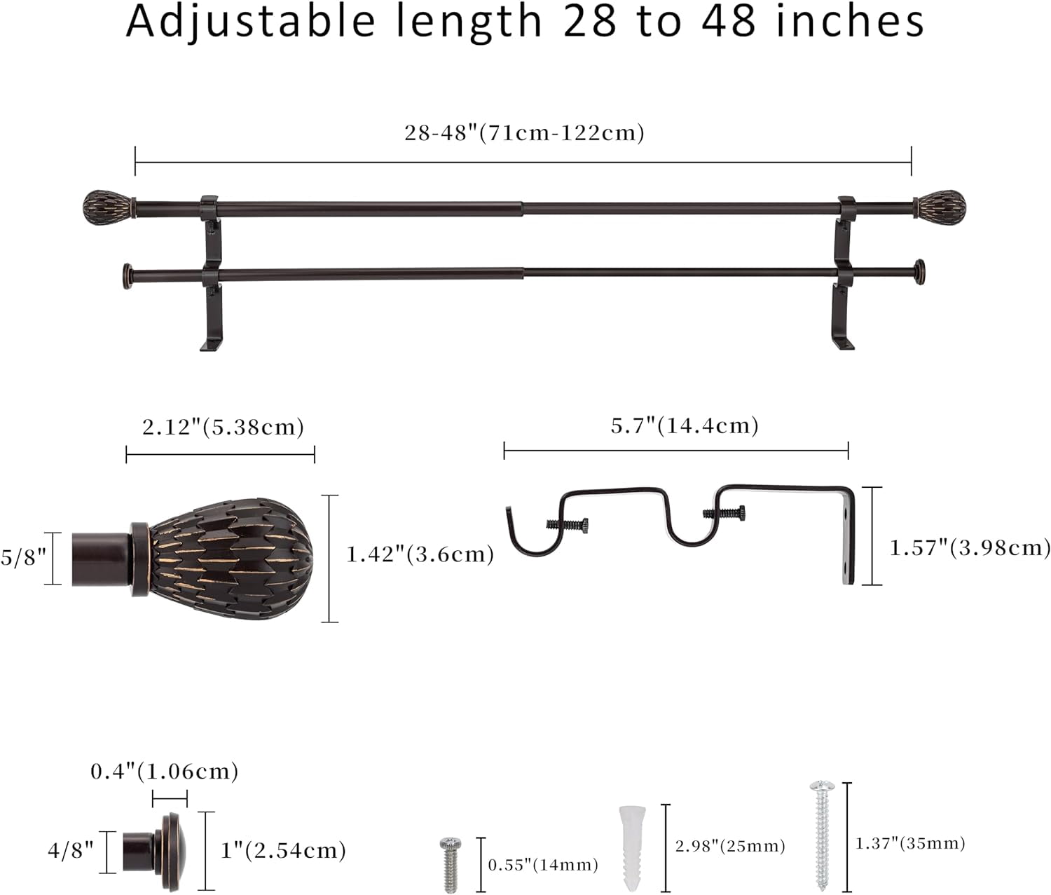 eTeckram 5/8" Double Curtain Rod with Brun Finials,Bronze Gold,28‘’-48‘’