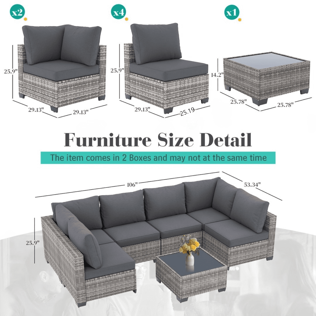 YIORTWO 7-Piece Outdoor Patio Furniture Set, Modular Wicker Sectional Sofa with 3.15" Thick Cushions, All-Weather Rattan Conversation Set with Tempered Glass Table, Grey