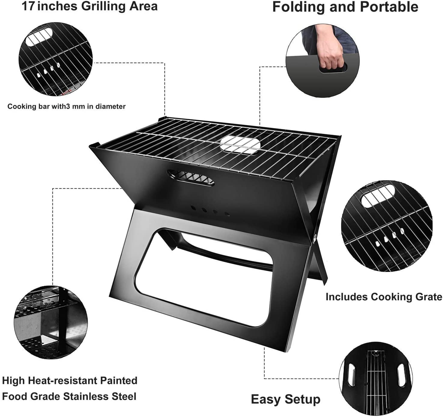 Black Portable Mini Foldable Charcoal Barbecue BBQ Charcoal Barbecue Picnic Barbecue Garden Camping Party Beach Outdoor Barbecue WOSTOO Charcoal Barbecue