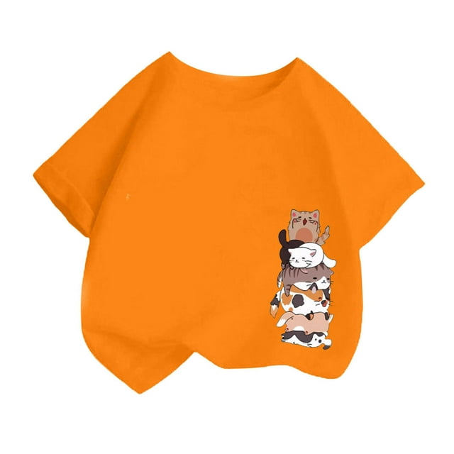 LUOGENLI T-Shirt pour Filles, Mode Mignonne Imprimée, Décontracté, Col Rond, Manches Courtes, T-Shirt d'Été, Hauts Maxi, Taille Haute, Orange, 6-8 Ans