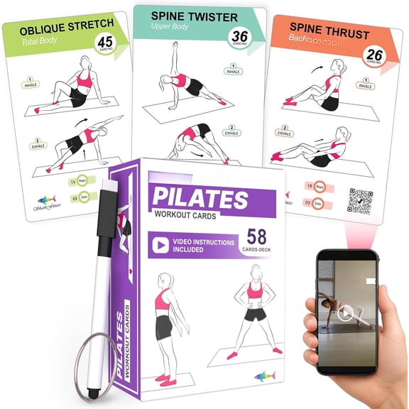 Pilates Workout Cards - 58 Exercise Cards with Pilates Mat Workout Postures, Video Instructions &  Tips | Free Ring & Dry-Erase Marker to Create at  pilates womens workout planner